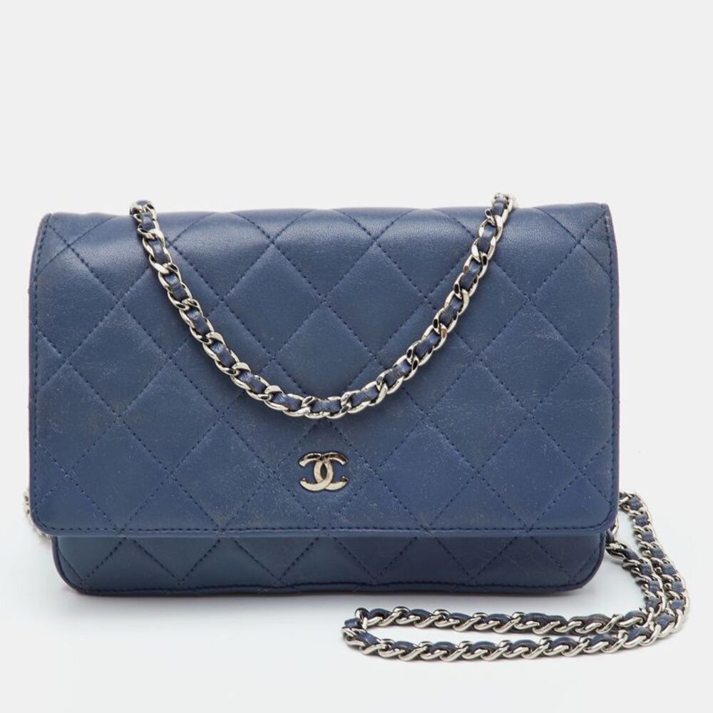 Chanel Woc Blue Quilted Leather Classic Wallet On Chain